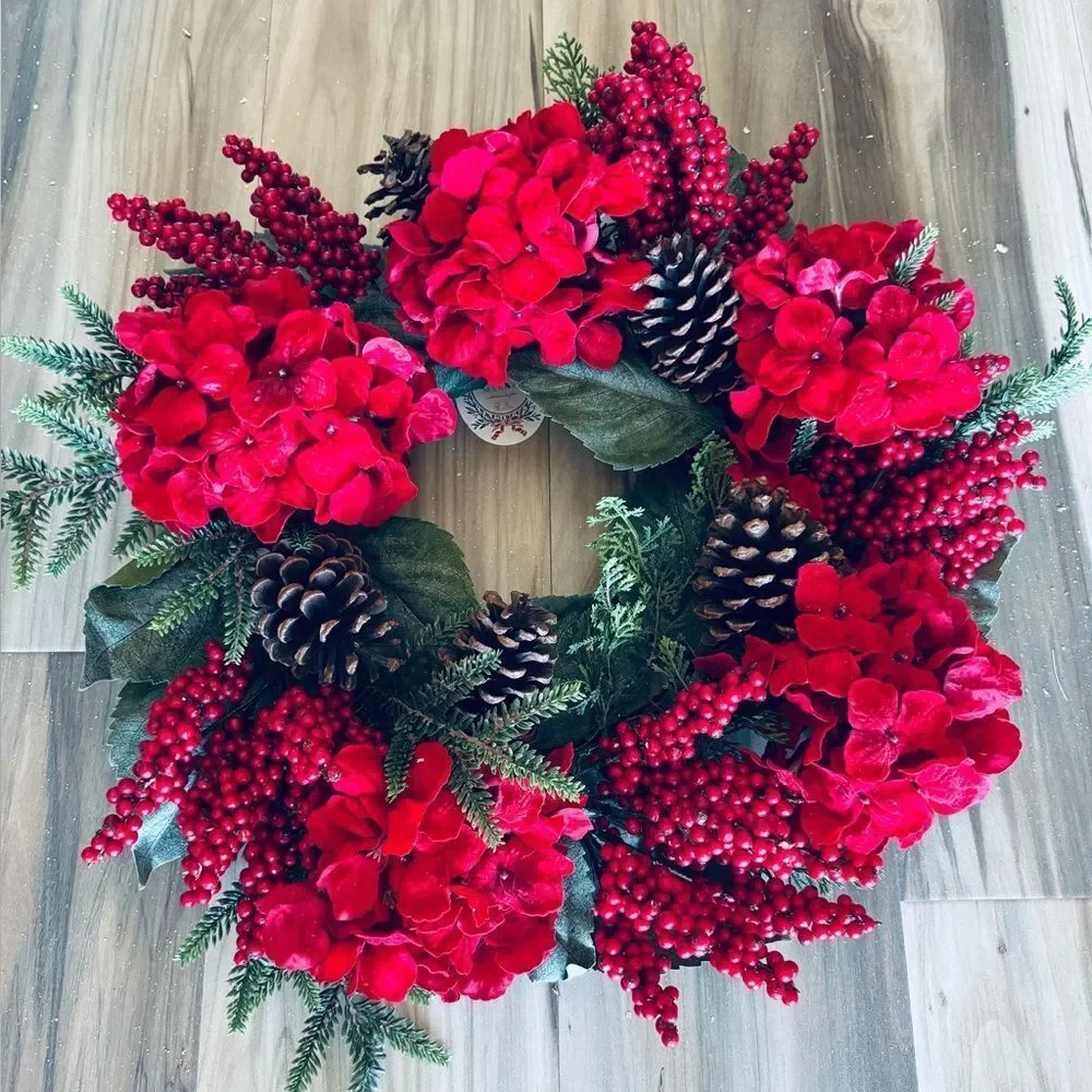 Red Hydrangea Floral Berries Pine Christmas Holiday Wreath